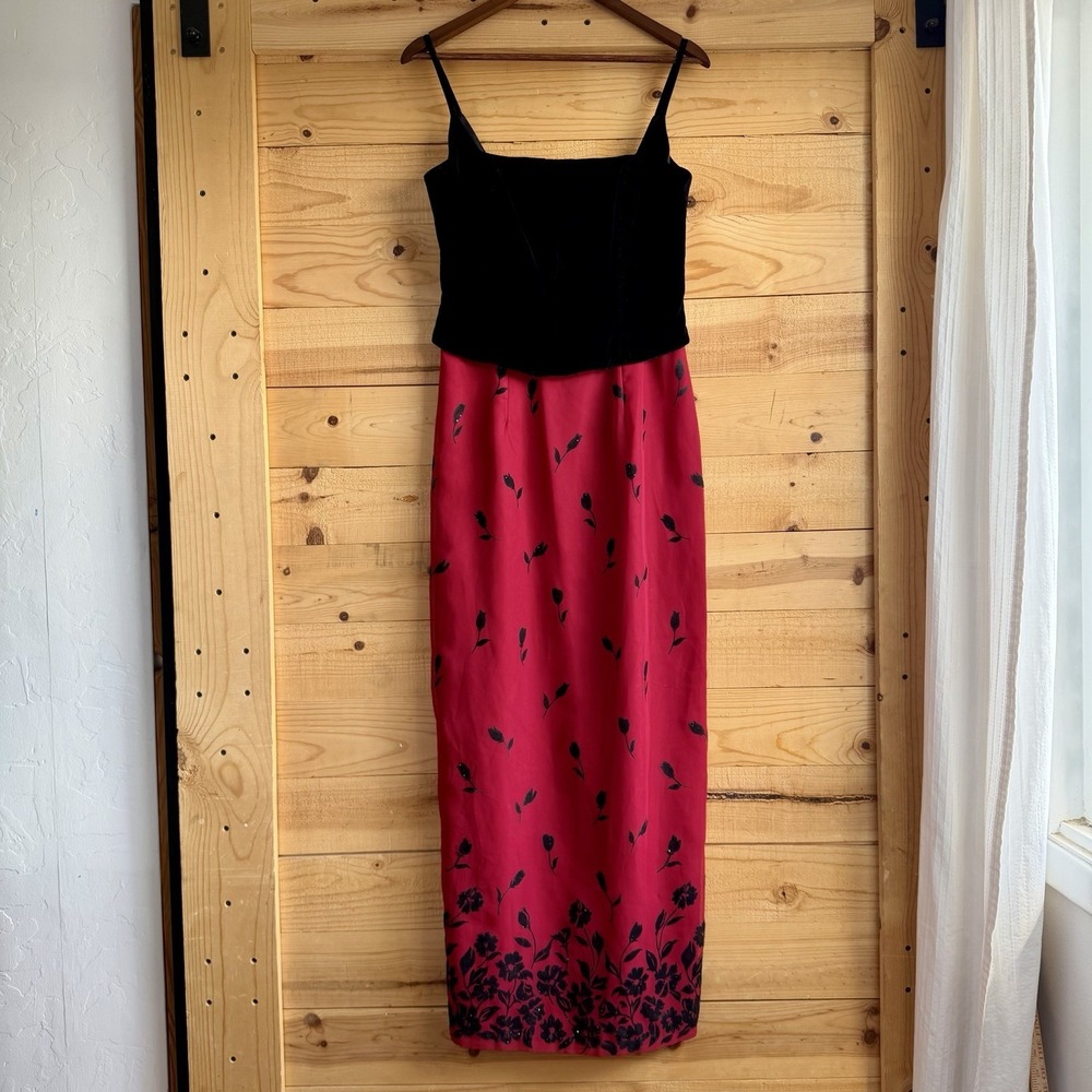 Vtg Y2K Red Black‎ Velvet Gown Maxi Dress Sz 9/10 Prom Hoco Formal Fairy Goth